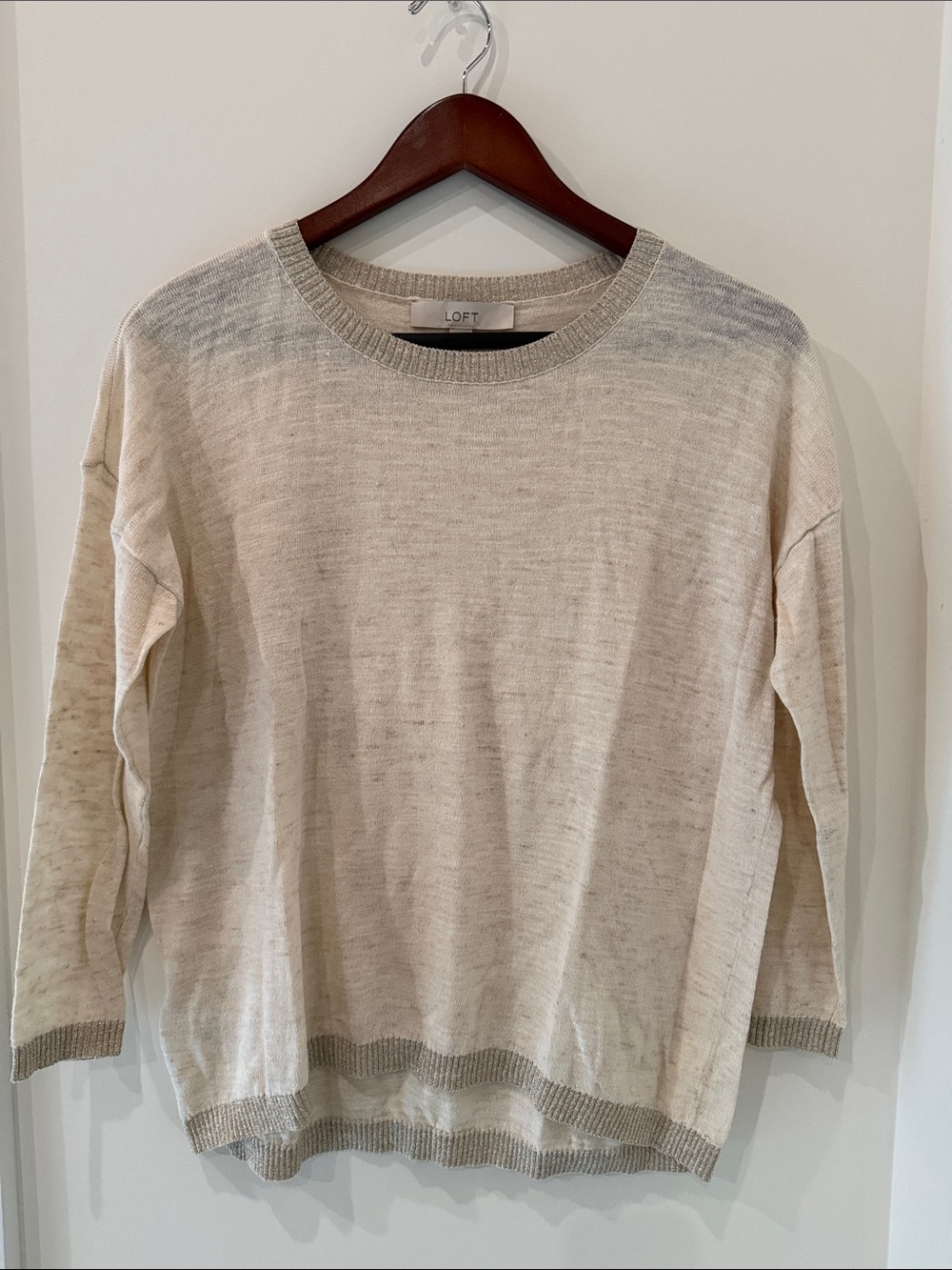 LOFT Cream Lightweight Knit Crewneck Sweater